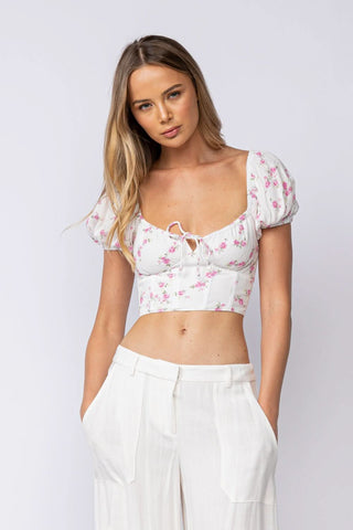 Appian Way White & Pink Floral Puff Sleeve Crop Top - Front View