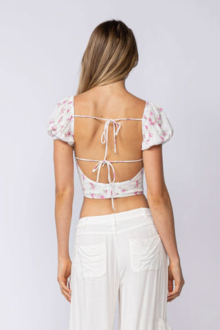 Appian Way White & Pink Floral Puff Sleeve Crop Top - Back View