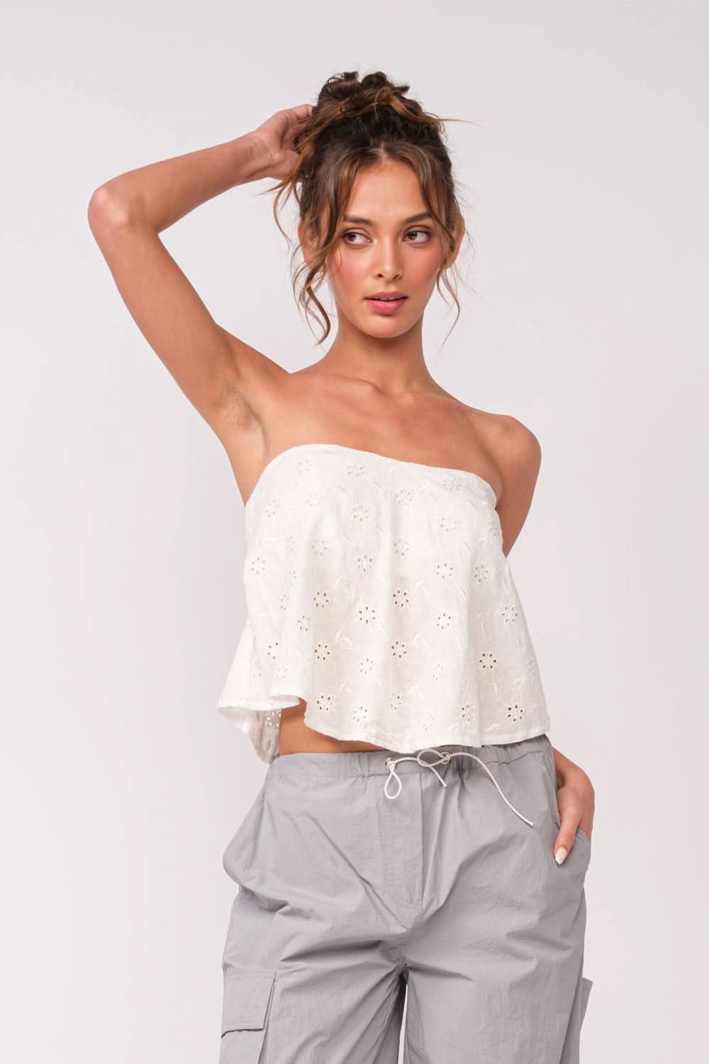 White Eyelet Strapless Flowy Overlay Top | Boho Pink White Eyelet Strapless Flowy Overlay Top | Boho Pink