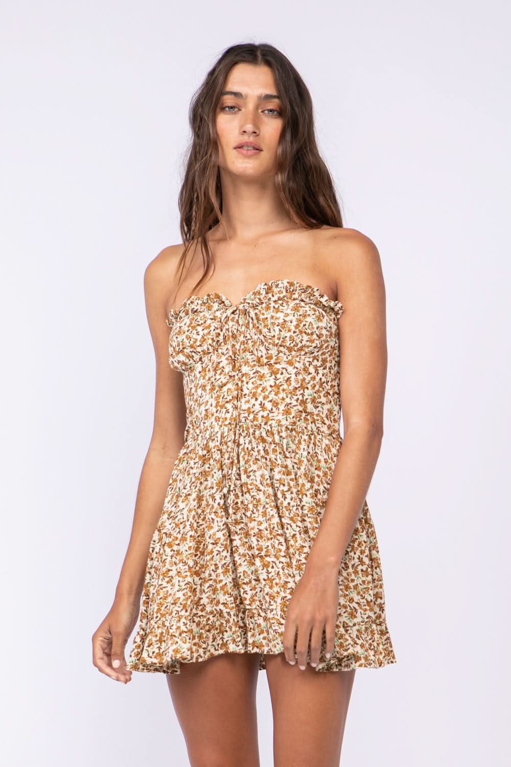 Brown Floral Strapless Dress | Flirty Fit & Flare Mini Brown Floral Strapless Dress | Flirty Fit & Flare Mini