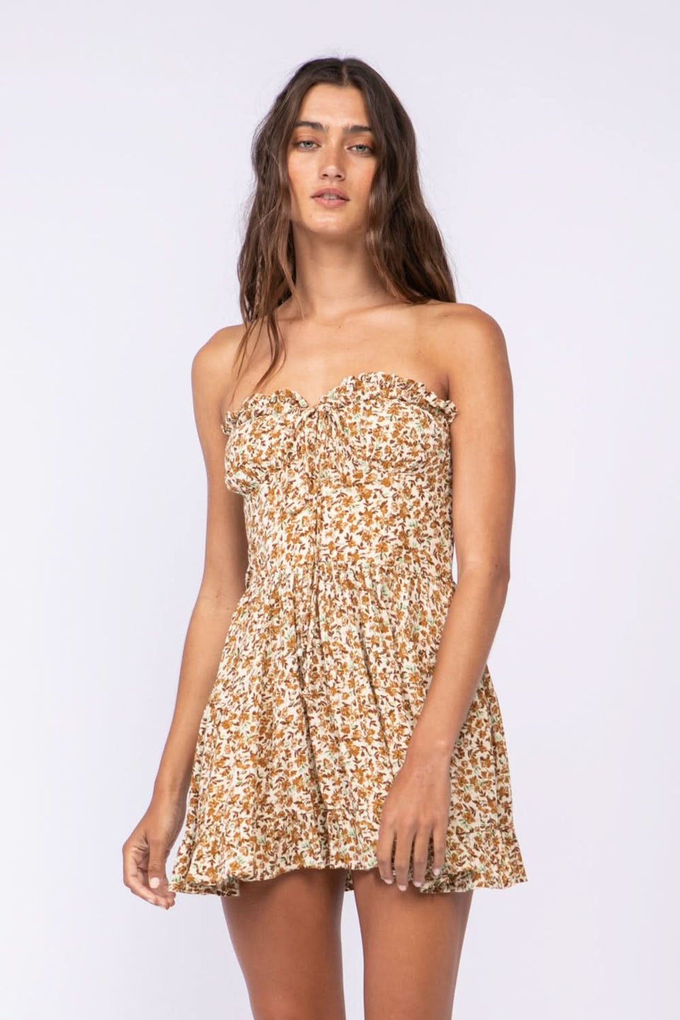 Sky To Moon Garden Charm Brown Floral Print Strapless Dress - Size L - Sweetheart Neckline & Ruffle Mini Skirt Sky To Moon Garden Charm Brown Floral Print Strapless Dress - Size L - Sweetheart Neckline & Ruffle Mini Skirt