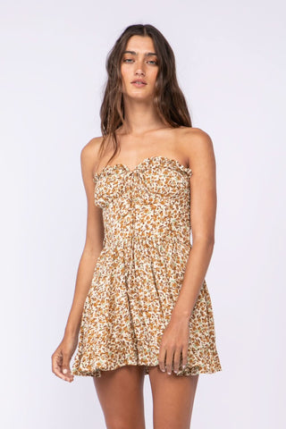 Garden Charm Brown Floral Print Strapless Dress  front view | Boho Pink