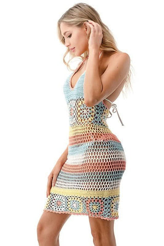 Mindy Pink and Blue Rainbow Crochet Swim Coverup Dress - Detailed Side View