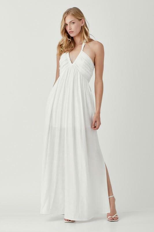 Mustard Seed Olivia White Halter Maxi Dress - Size L - Empire Waist, Side Slit, Lightweight Woven Fabric - Perfect for Vacations Mustard Seed Olivia White Halter Maxi Dress - Size L - Empire Waist, Side Slit, Lightweight Woven Fabric - Perfect for Vacations