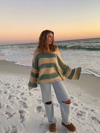 Poppy Beige and Sage Striped Oversized Sweater - Font View