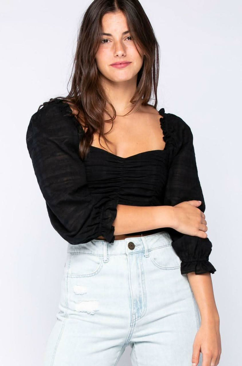 Black 3/4 Sleeve Crop Top - trendy boho clothing