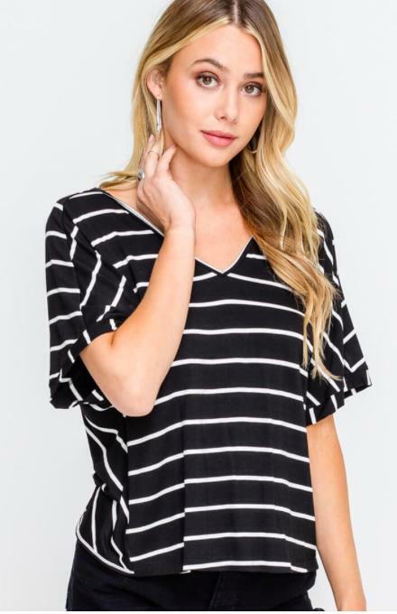 Black and White Striped Twisted Back Tee