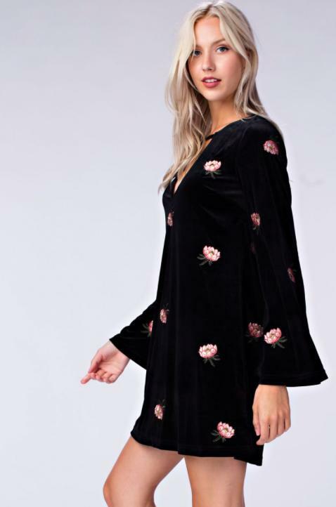 Black Bell Sleeve Velvet shift Dress