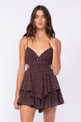 Aristea Black and Red Floral Cutout Romper Dress front view | Boho Pink