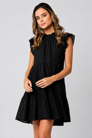 Dionne Black Eyelet Flutter Sleeve Dress - Front View