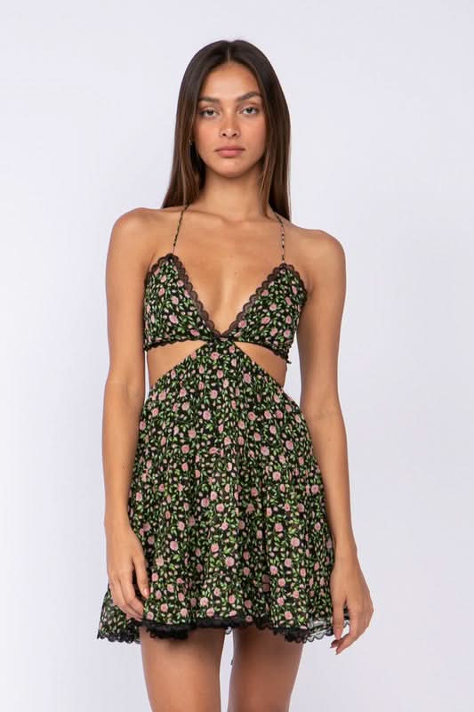 Black Rose Print Halter Cutout Mini Dress | Boho Pink Black Rose Print Halter Cutout Mini Dress | Boho Pink
