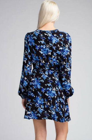 Middleton Black and Blue Floral Long Sleeve  Wrap Dress - Back View