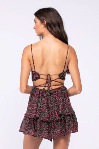 Aristea Black and Red Floral Cutout Romper Dress back view | Boho Pink