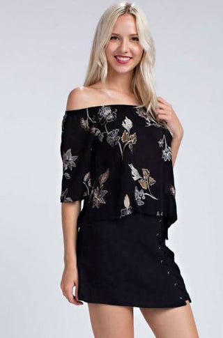 Memories Kept Black Floral Off-the-Shoulder Top - Front View