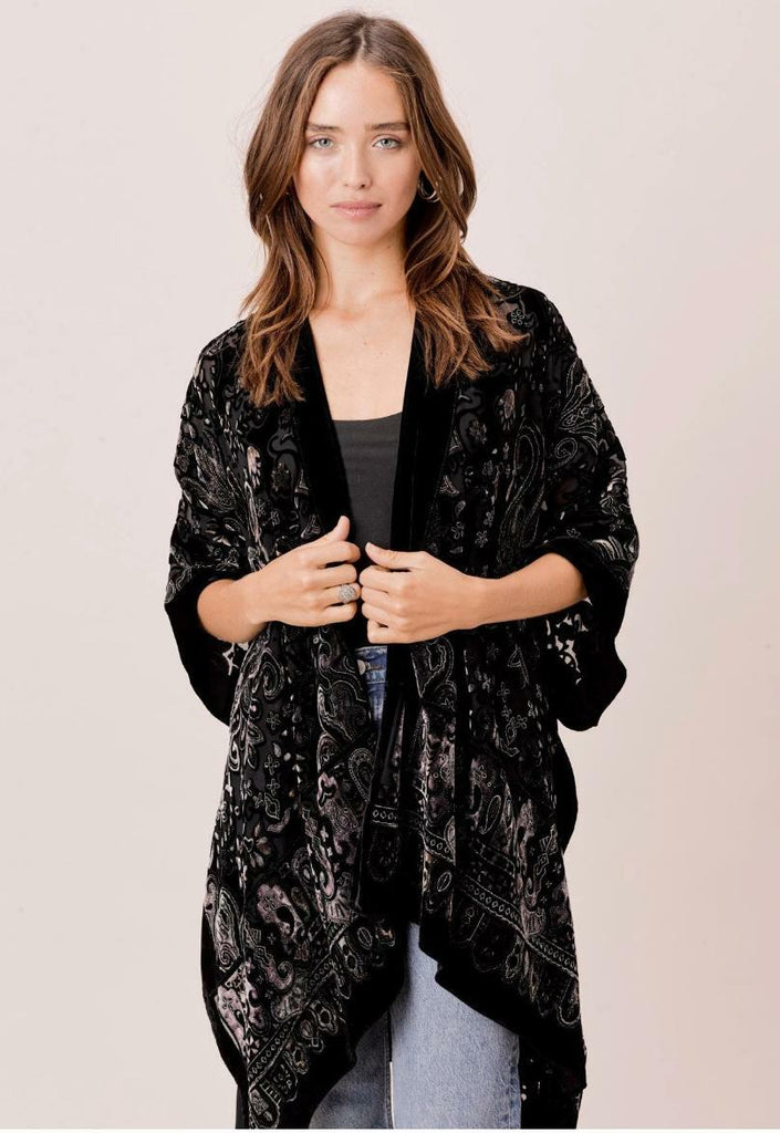 Black Floral Burnout Velvet Kimono 