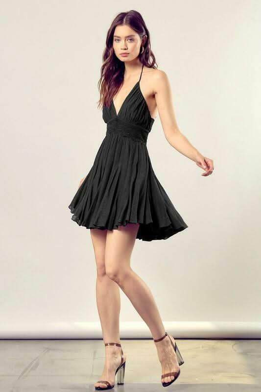 Arianna Black Lace Halter Mini Dress - Size L - Mustard Seed - Lightweight A-Line with Open Back & Tassel Ties Arianna Black Lace Halter Mini Dress - Size L - Mustard Seed - Lightweight A-Line with Open Back & Tassel Ties