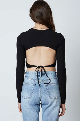 black long sleeve crop top with open back back view