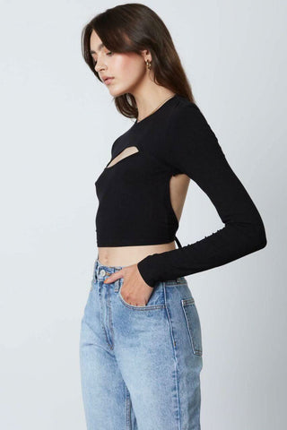 black long sleeve crop top with open back side view