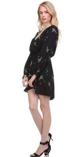 black bird print long sleeve wrap mini dress side view