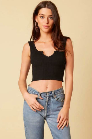 Black ribbed crop tank top with notched V-neckline