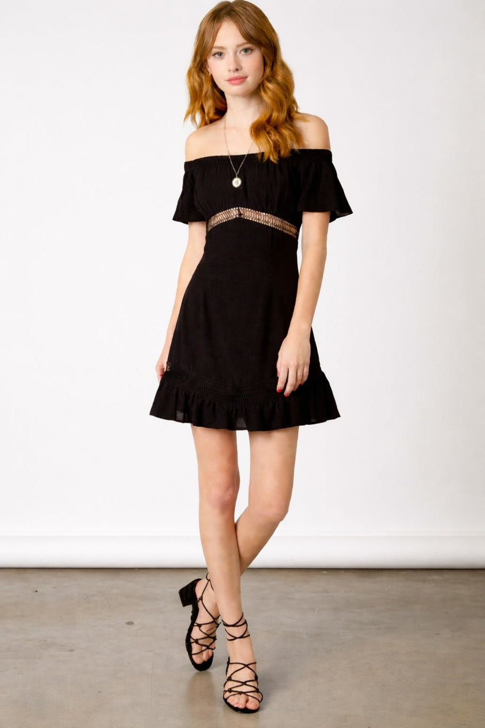 Cotton Candy LA Femme Off-the-Shoulder Black Dress - Size S - Ruffle Hem & Crochet Lace Detail Cotton Candy LA Femme Off-the-Shoulder Black Dress - Size S - Ruffle Hem & Crochet Lace Detail