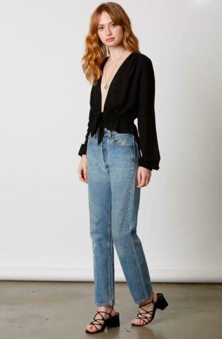 black plunge neck long sleeve top side