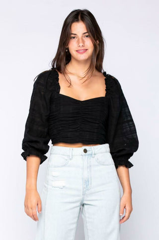 Mikayla Black Ruched Crop Top - Model View