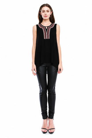 Petra Black Sleeveless Embroidered Neckline Top front