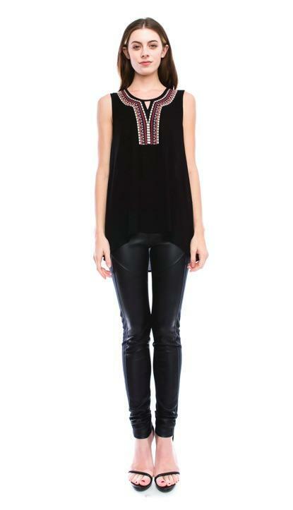 Black Sleeveless Embroidered Neckline Top