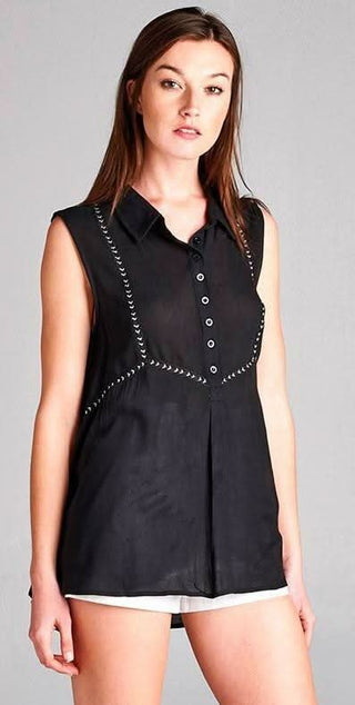 Heather Black Button Front Sleeveless Collared Shirt - Side View