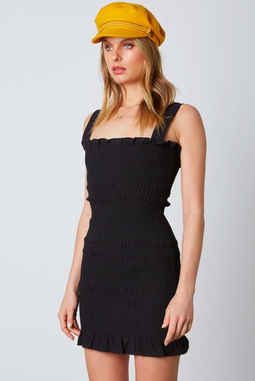 Black Smocked Bodycon Mini Dress 