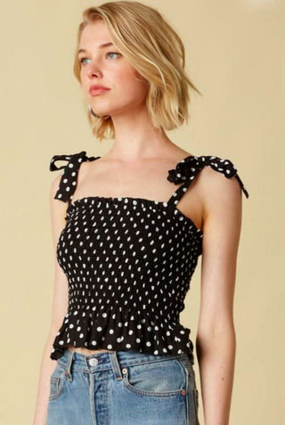 Smocked polka dot crop top with tie straps