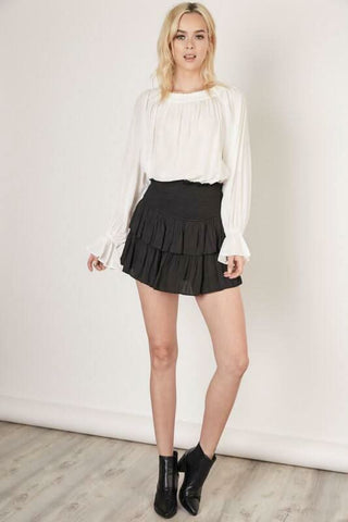 Black smocked waist skort with layered ruffle mini skirt outfit view