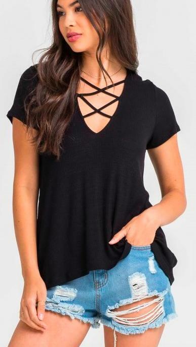 Black Strappy V-Neck Tee