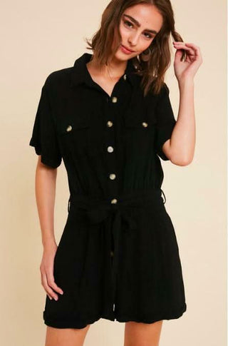 Liz Black Short Sleeve Button-Front Utility Romper - Front View