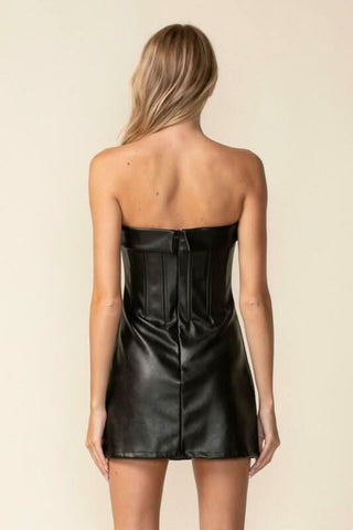 See You There Black Vegan Leather Strapless Mini Dress - Back View