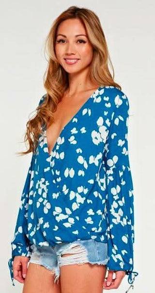 Blue and White long Sleeve Wrap Top Side  View