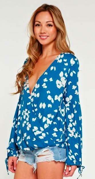 Blue and White long Sleeve Wrap Top Side  View