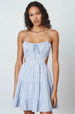 Blue stripe print backless tiered mini dress with waist cutouts