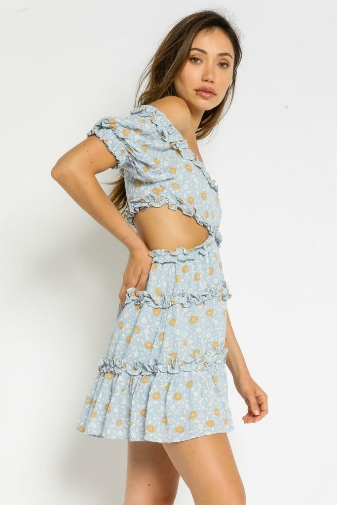 Blue Floral Off-Shoulder Mini Dresses