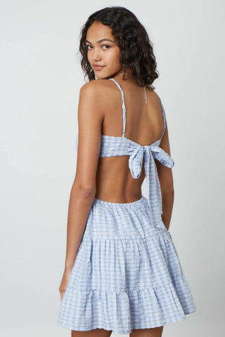Cute blue stripe print summer mini dress with open back bow