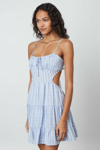 Flowy blue stripe print fit and flare mini dress for vacation