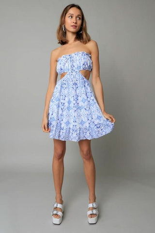 Maeve White and Blue Boho Print Strapless Dress - Outfit View