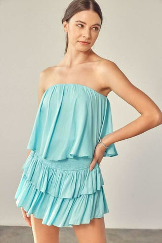 Milky blue strapless ruffle romper mini dress outfit