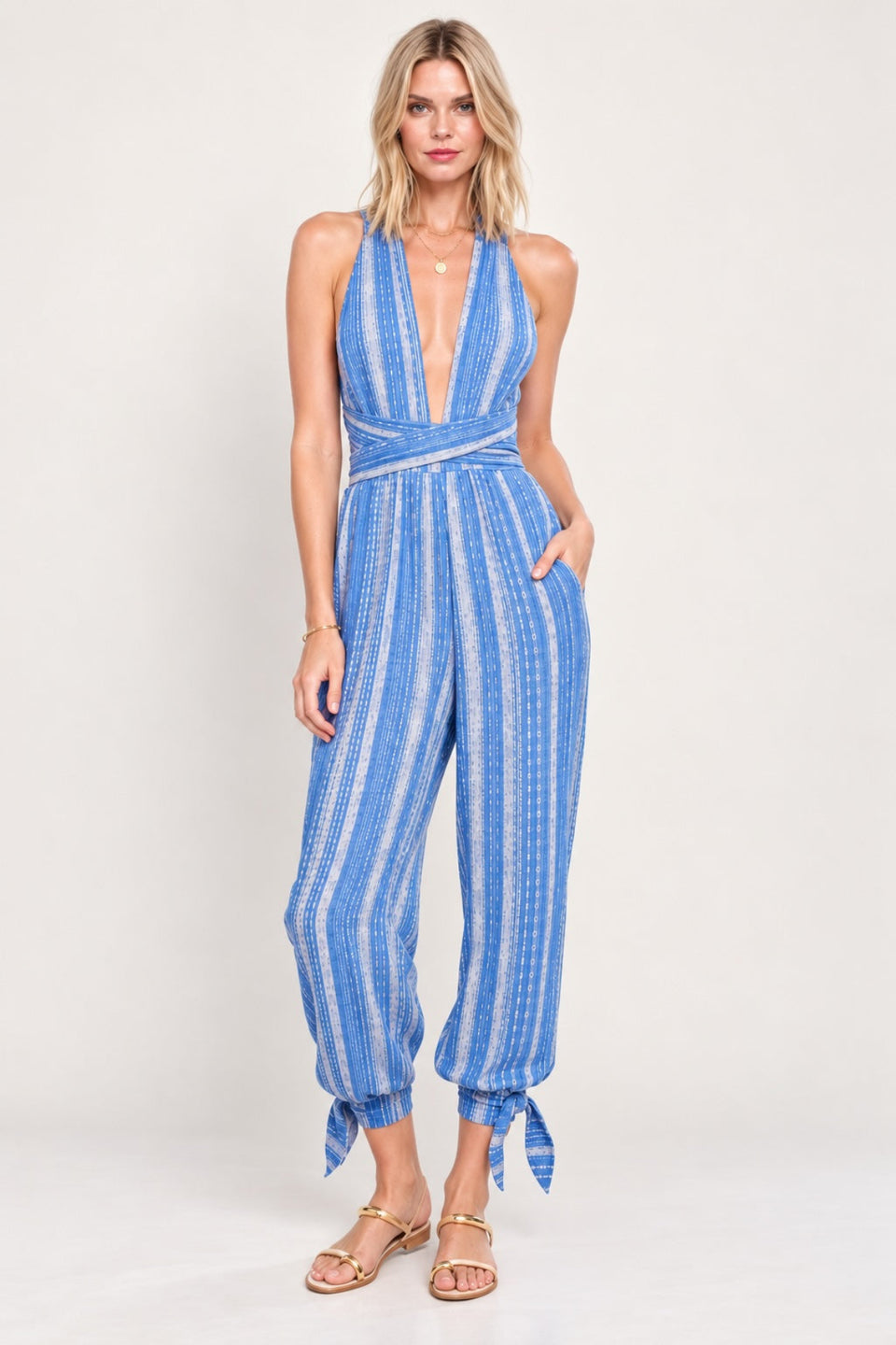 Aphrodite Blue Boho Print Plunge Jumpsuit - Front