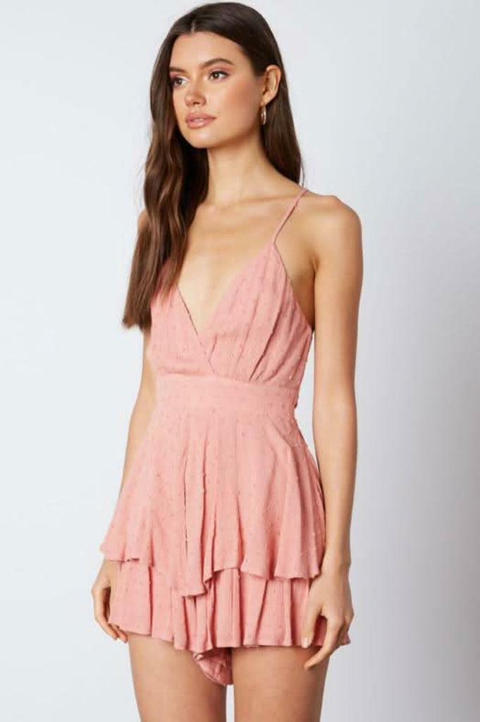 Blush Backless Surplice Ruffle Romper Dress