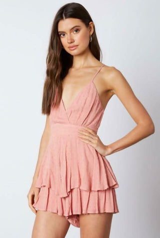 Blush pink backless romper with ruffle shorts