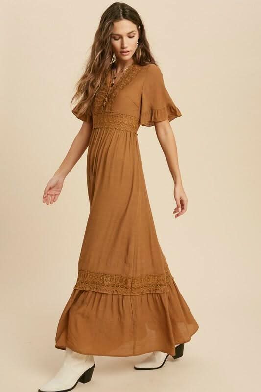 bohemian maxi dress Camel Short Sleeve Casual Maxi Dress - Dress