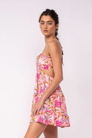 Strappy Open Back Pink Daisy Mini Dress - Back View