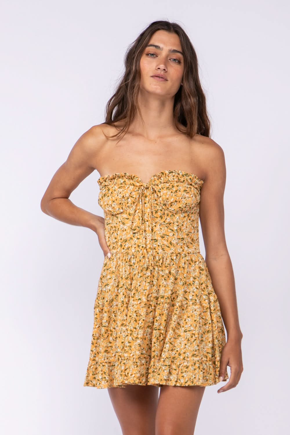 Honey Yellow Floral Strapless Dress | Flirty Fit & Flare Mini Honey Yellow Floral Strapless Dress | Flirty Fit & Flare Mini